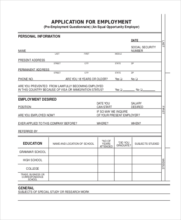 blank restaurant application form