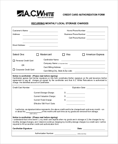 credit card monthly authorization form