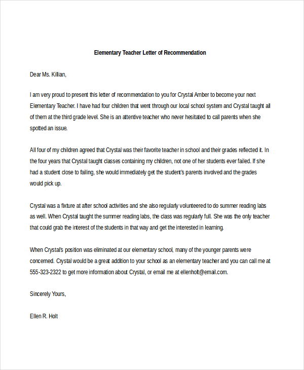 elementary teacher letter of recommendation