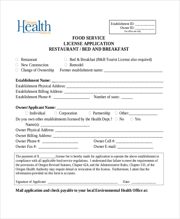 food service license application restaurant