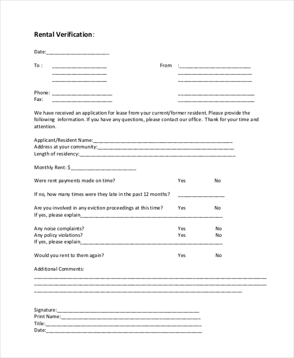 free rental verification form
