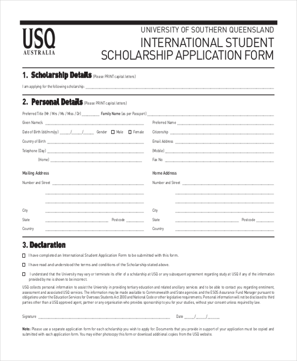 sample scholarship application form