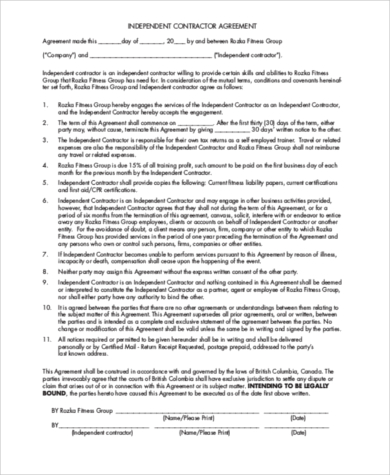 personal trainer independent contractor agreement