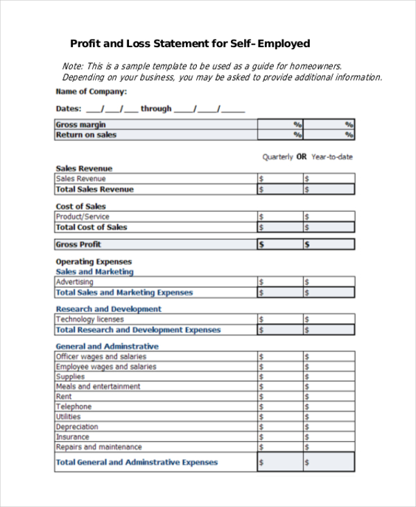 Simple Profit And Loss Template For Self Employed