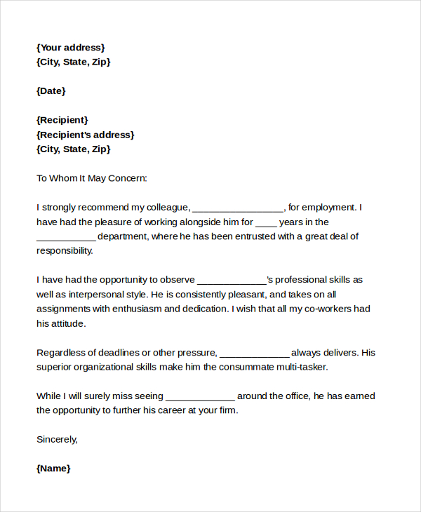 recommendation letter for coworker