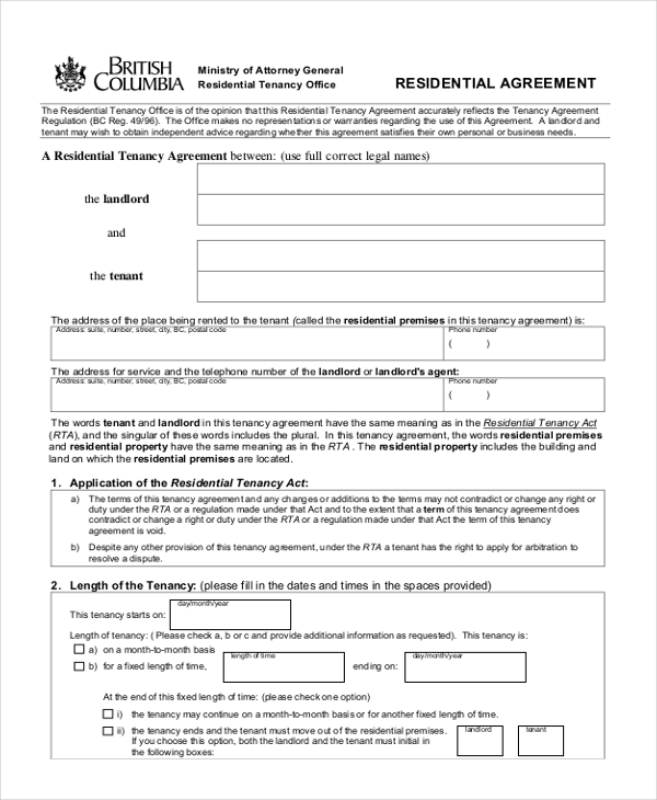 residential agreement form short form
