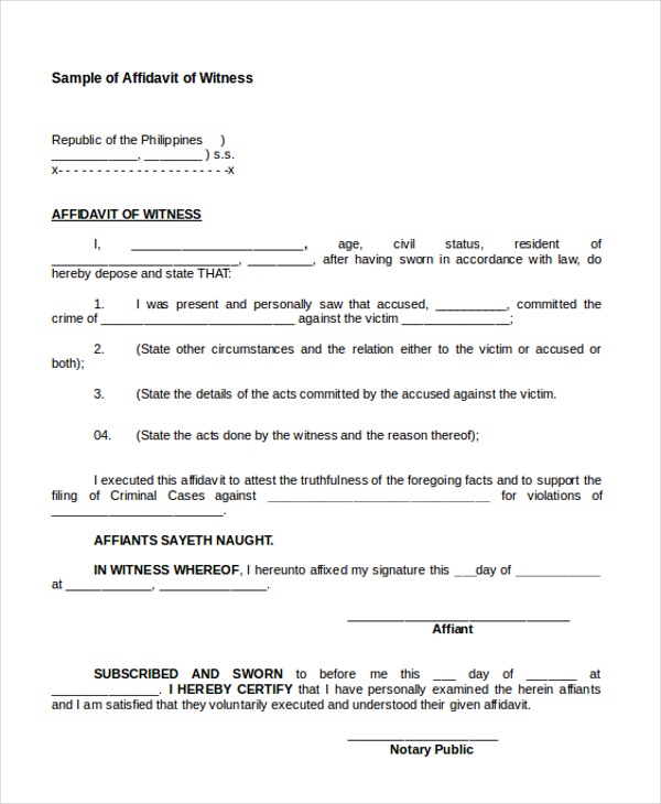 FREE 8+ Witness Affidavit Form Samples in PDF MS Word