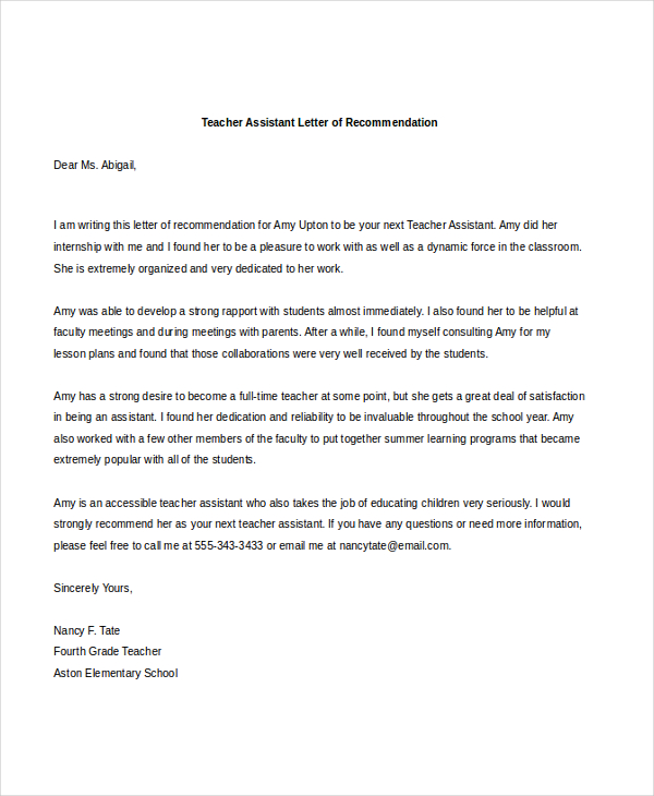 Free Teacher Letter Of Recommendation Samples Pdf Ms Word Google Docs