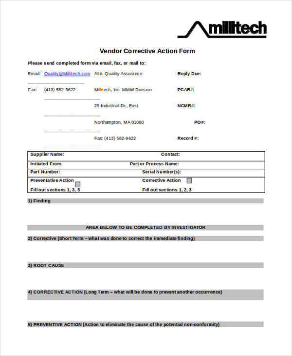 vendor corrective action form