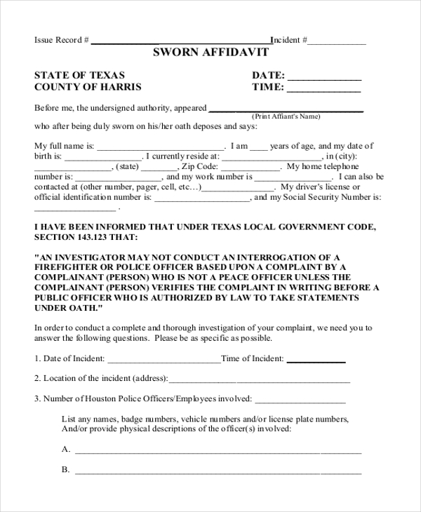 sworn affidavit example