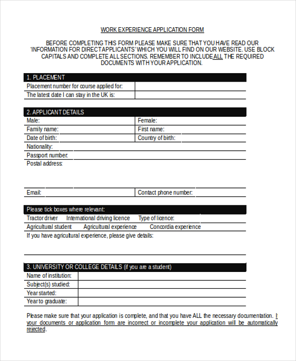 work experience application form