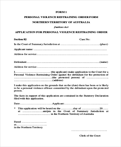 application for personal violence restraining order