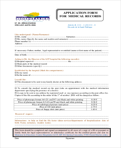 application form for medical records