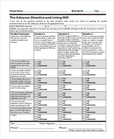 advance directive living will form