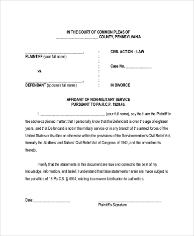 affidavit of non millitary service form