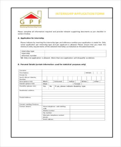 application form for internship sample