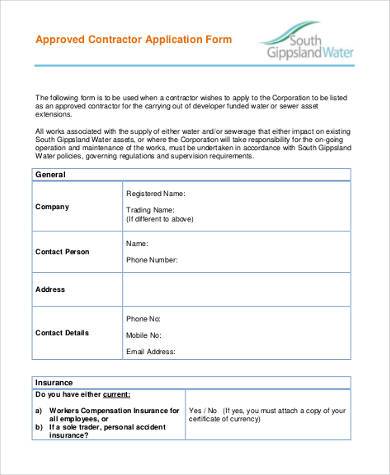 approved contractor application form