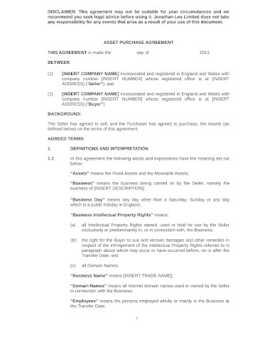 asset purchase agreement contract form in doc