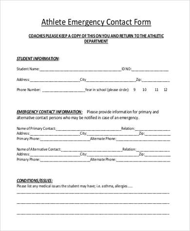 athlete emergency contact form