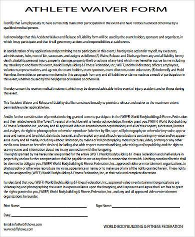 athlete waiver form example