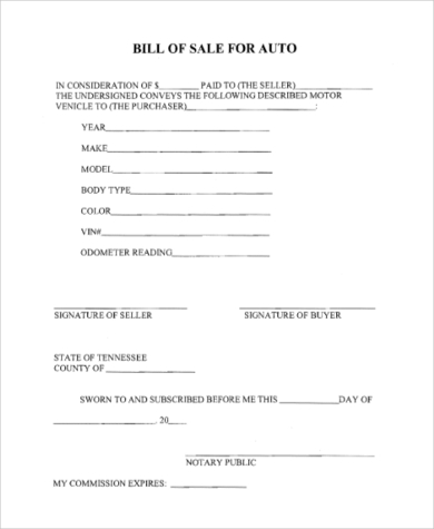 basic auto bill of sale form