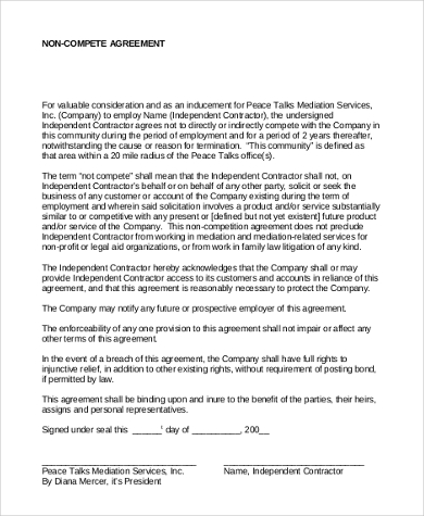 basic non compete agreement form sample