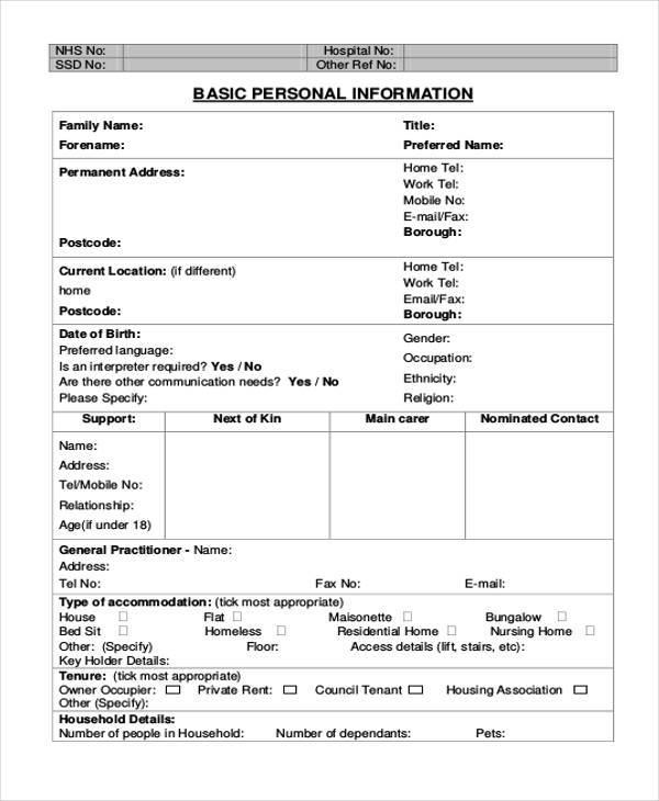 13 Printable Basic Personal Information Form Templates Fillable Images