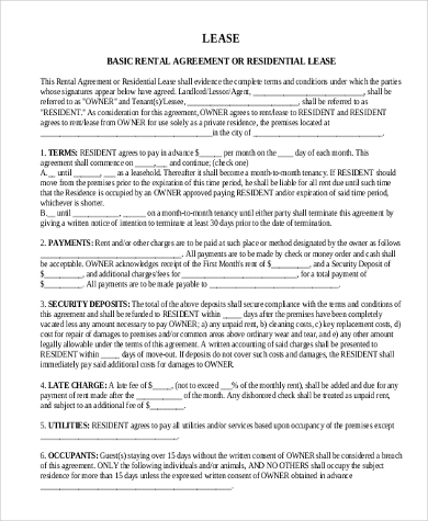 basic rental agreement for residential lease
