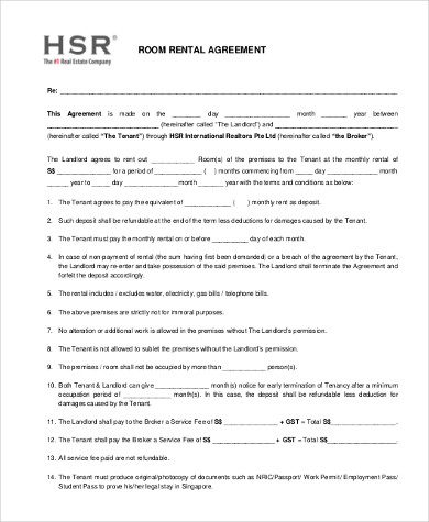 basic room rental agreement form