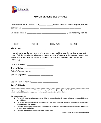 basic auto bill of sale form