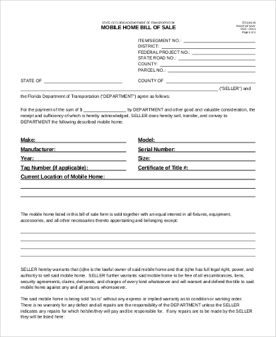 bill of sale form mobile home