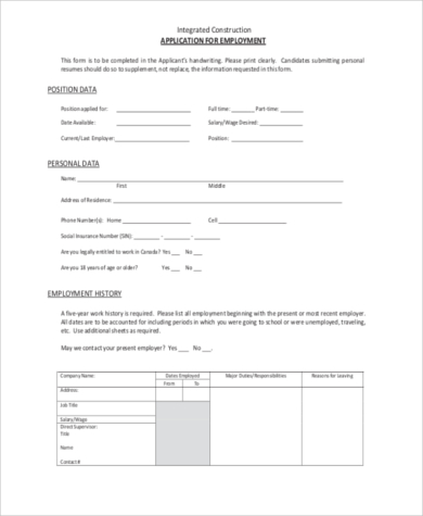 blank construction employment application