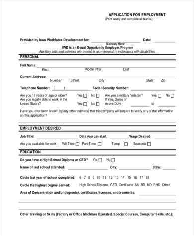 free 10 blank employment application samples in pdf ms word excel