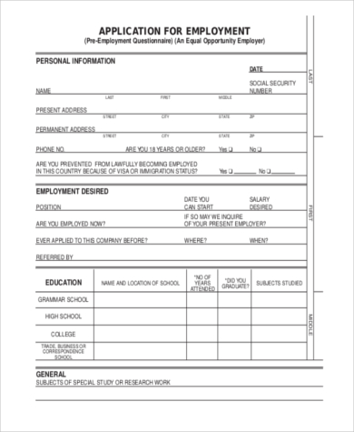 blank employment application printable