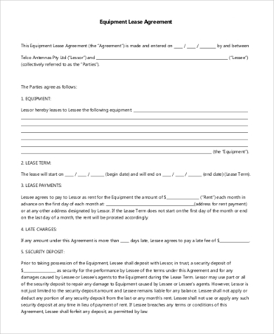 FREE 9+ Sample Equipment Lease Agreement Forms in PDF | MS Word