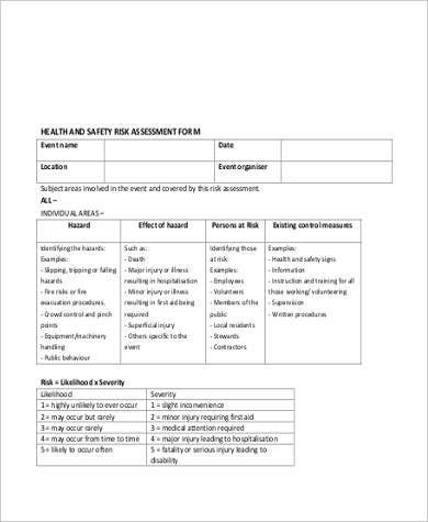 blank health and safety risk assessment form