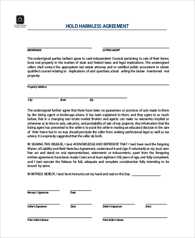 blank hold harmless agreement form