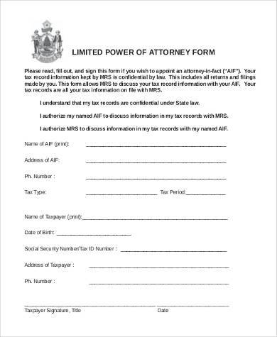 Limited power of attorney form