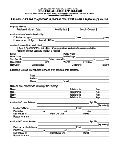 blank residential lease application