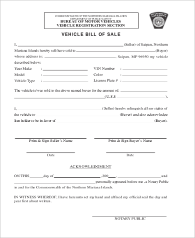 blank vehicle bill of sale form