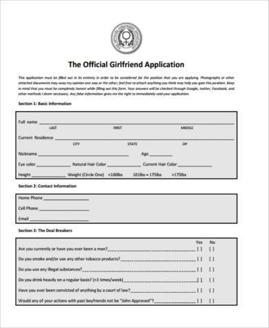 Free 7 Sample Boyfriend Application Forms In Pdf Ms Word