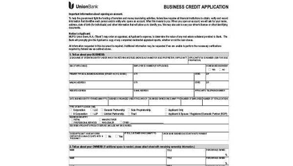 business credit application form samples