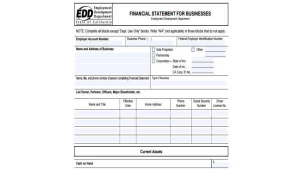 business financial statement form samples