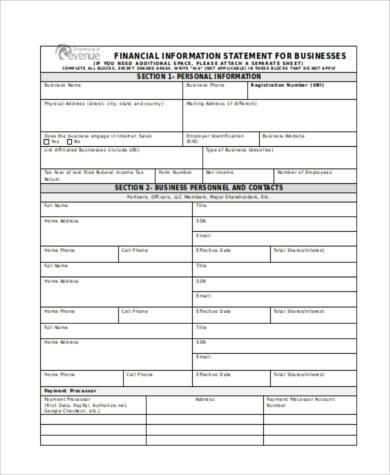 business financial statement form in word formt