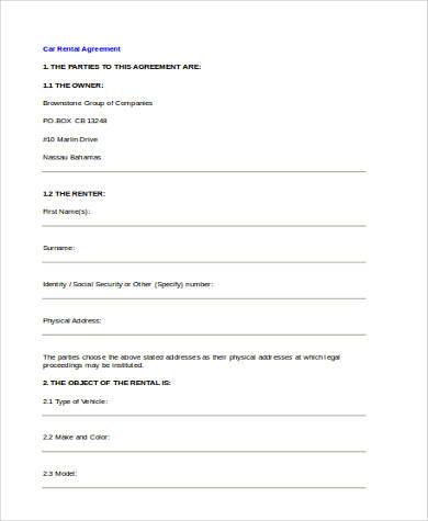 car rental agreement form example