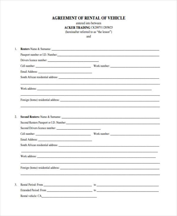 car rental lease agreement form