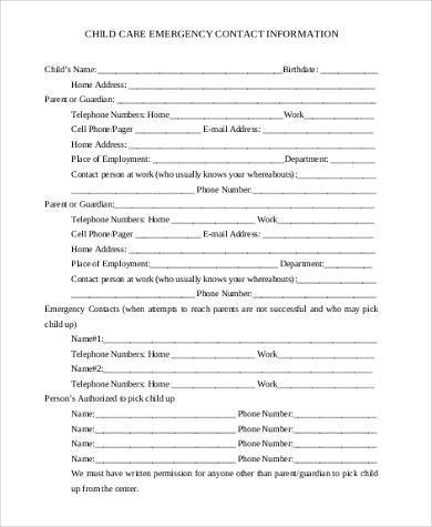 child care emergency information form