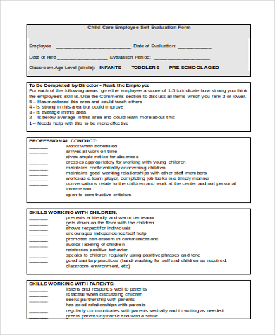 child care employee self evaluation form