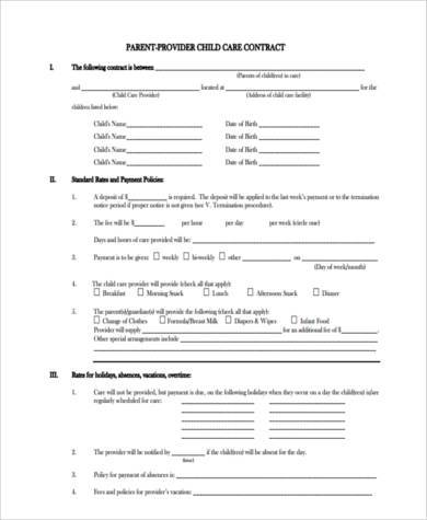 child care sample contract form