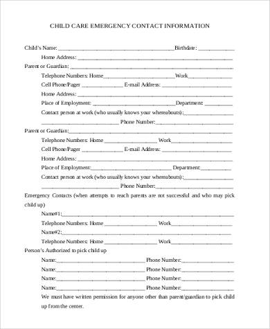 child emergency contact form